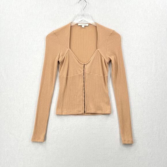 FAVORITE DAUGHTER Kate Ribbed Bustier Knit Top Womens S Tan V Neck Long Sleeve - Picture 3 of 14